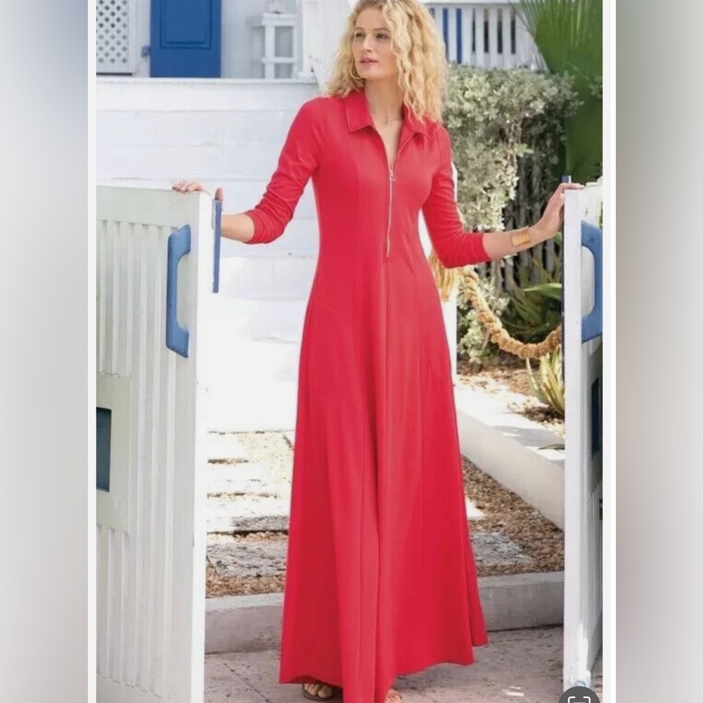 Soft Surroundings Coral Gold Zipper Front Swing Maxi Dress -- PS
